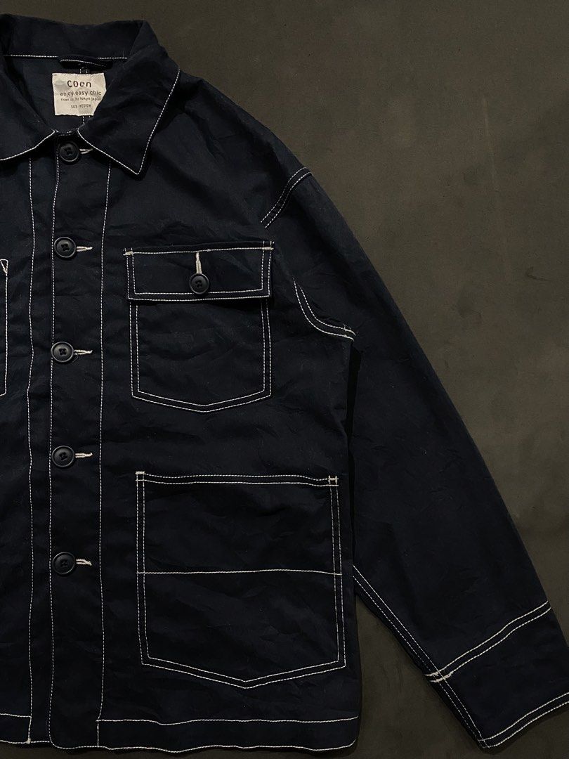 Coen Japan Navy Blue Contrast-Stitch Work Jacket (Category: Coats, Jackets and Outerwear) located in Quezon City. Submitted by rlphvncntbs (Listing ID 1468513045, Image 3). Description: Coen Japan Navy Blue Contrast-Stitch Work Jacket Size: Medium Measurements: 22" x 26" Excellent Condition ₱2,500 + SF (Negotiable).