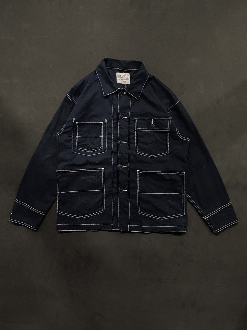 Coen Japan Navy Blue Contrast-Stitch Work Jacket (Category: Coats, Jackets and Outerwear) located in Quezon City. Submitted by rlphvncntbs (Listing ID 1468513045, Image 1). Description: Coen Japan Navy Blue Contrast-Stitch Work Jacket Size: Medium Measurements: 22" x 26" Excellent Condition ₱2,500 + SF (Negotiable).