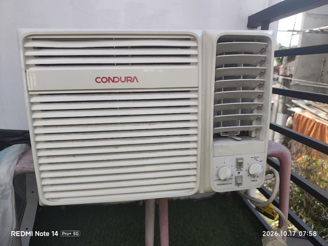 Condura WCONH010EC2 Window Type Air Conditioner (Category: Air Conditioning and Heating) located in Marikina City. Submitted by ironsteed888 (Listing ID 1468513028, Image 1). Description: - Brand/Model: Condura Window Type Air Conditioner (WCONH010EC2) - Power: 230V, 60Hz, 1Ph | Power Input: 935 W - Cooling Capacity: 9,250 kJ/h (Great for standard rooms) - Controls: Manual knobs for thermostat and timer on the front panel - Condition: Pre-owned w