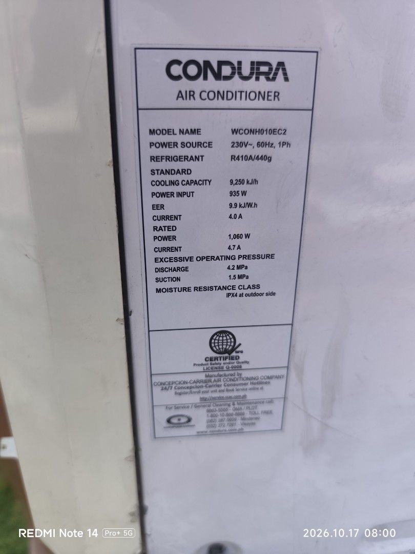 Condura WCONH010EC2 Window Type Air Conditioner (Category: Air Conditioning and Heating) located in Marikina City. Submitted by ironsteed888 (Listing ID 1468513028, Image 3). Description: - Brand/Model: Condura Window Type Air Conditioner (WCONH010EC2) - Power: 230V, 60Hz, 1Ph | Power Input: 935 W - Cooling Capacity: 9,250 kJ/h (Great for standard rooms) - Controls: Manual knobs for thermostat and timer on the front panel - Condition: Pre-owned w