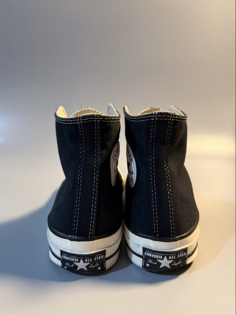 Converse Chuck 70 High Top Black Egret 8 (Category: Sneakers) located in Quezon City. Submitted by markieexp (Listing ID 1468659996, Image 3). Description: - Brand: Converse Chuck 70 High Top - Color: Classic Black with white laces - Size: Men's 8 / Women's 10 / UK 8 / EUR 41.5 - Condition: Clean soles with hardly any wear - Details: Iconic ankle patches and glossy vintage heel license plates - Style: Versatile everyday sneakers.
