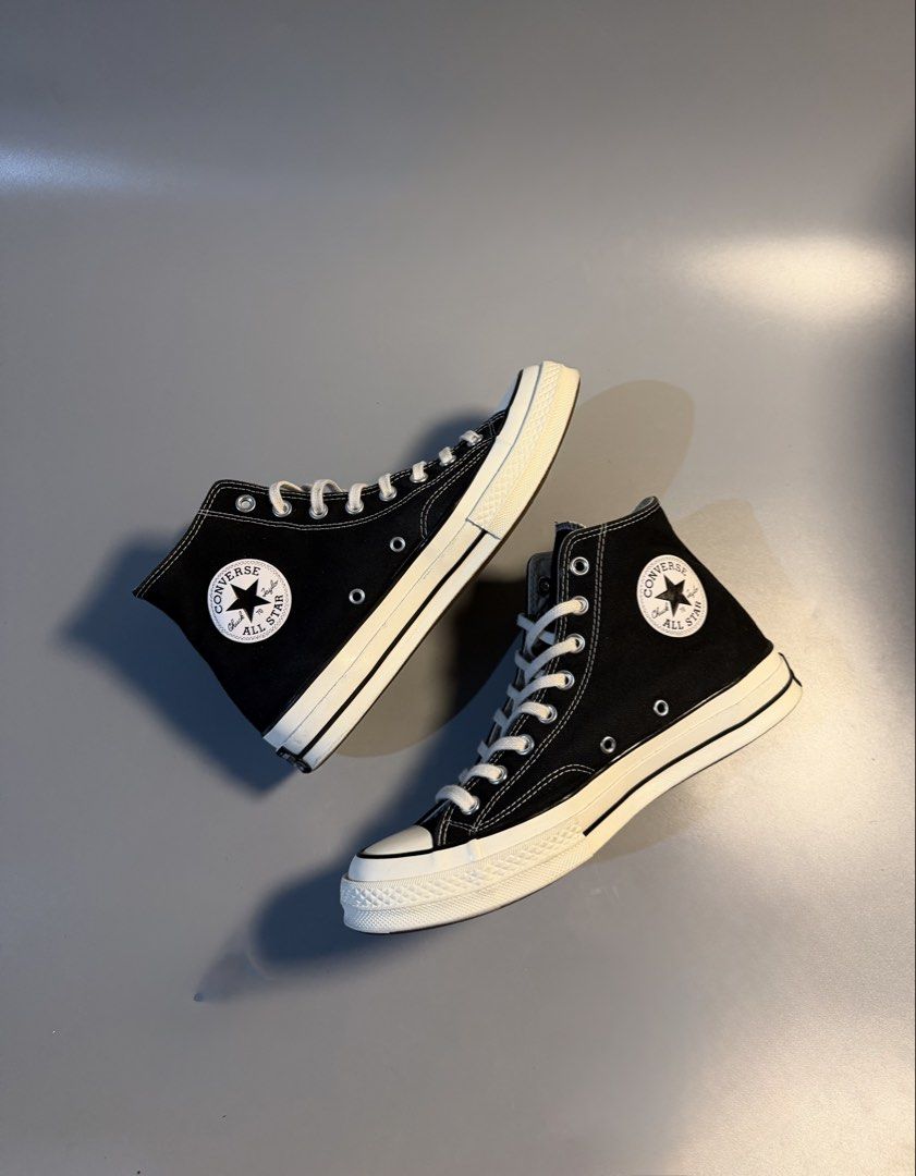 Converse Chuck 70 High Top Black Egret 8 (Category: Sneakers) located in Quezon City. Submitted by markieexp (Listing ID 1468659996, Image 1). Description: - Brand: Converse Chuck 70 High Top - Color: Classic Black with white laces - Size: Men's 8 / Women's 10 / UK 8 / EUR 41.5 - Condition: Clean soles with hardly any wear - Details: Iconic ankle patches and glossy vintage heel license plates - Style: Versatile everyday sneakers.