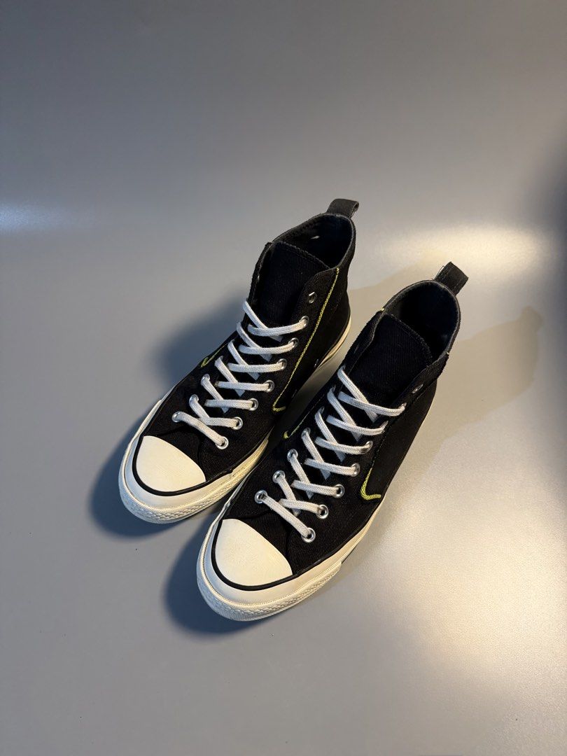 Converse Chuck Taylor All Star High Top Black (Category: Sneakers) located in Quezon City. Submitted by markieexp (Listing ID 1468660464, Image 2). Description: - Brand: Converse - Style: High-top sneakers - Color: Black with neon yellow accent stitching - Details: White laces, white toe cap, heel pull tabs, classic canvas upper, diamond tread rubber outsoles - Size: Men's 8 / Women's 10 / EUR 41.5 - Origin: Made in Vietnam - Condition: Soles sho