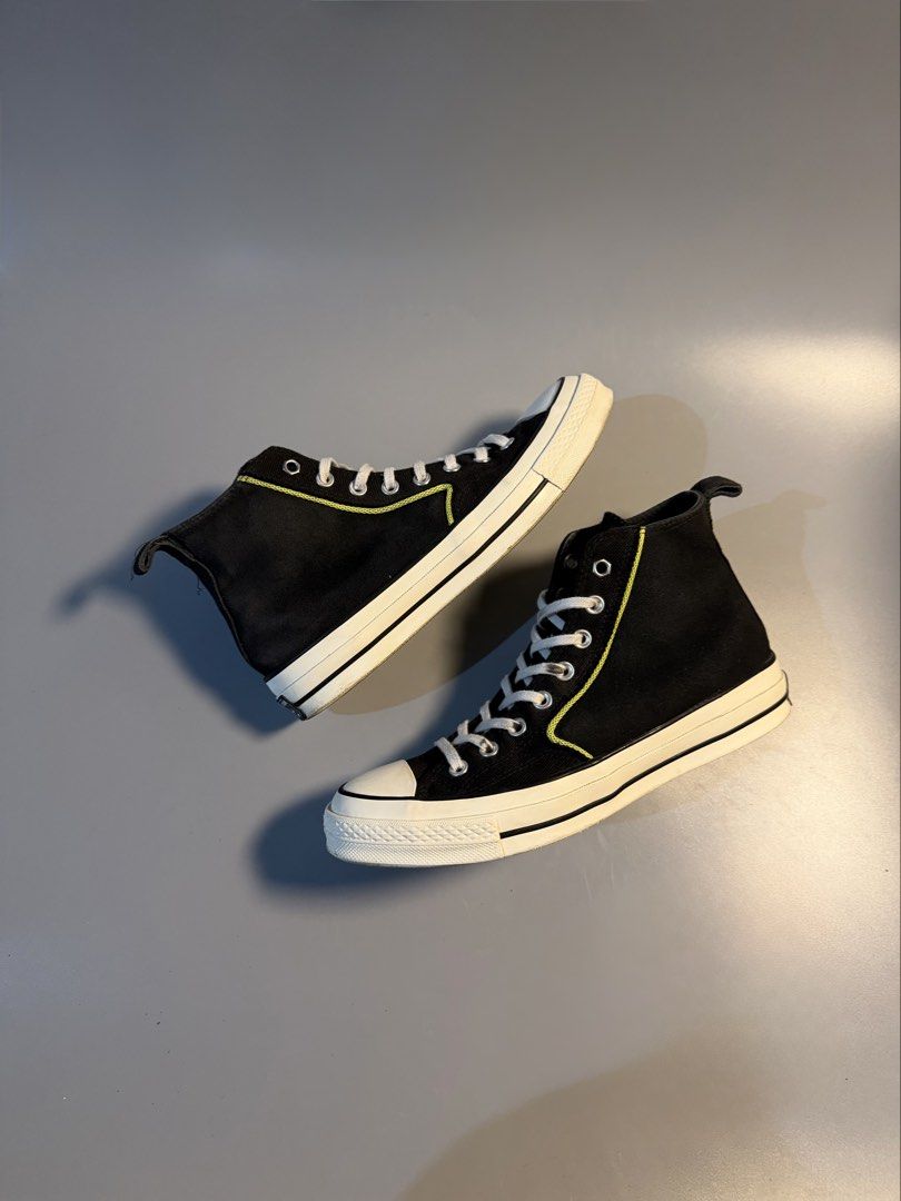 Converse Chuck Taylor All Star High Top Black (Category: Sneakers) located in Quezon City. Submitted by markieexp (Listing ID 1468660464, Image 1). Description: - Brand: Converse - Style: High-top sneakers - Color: Black with neon yellow accent stitching - Details: White laces, white toe cap, heel pull tabs, classic canvas upper, diamond tread rubber outsoles - Size: Men's 8 / Women's 10 / EUR 41.5 - Origin: Made in Vietnam - Condition: Soles sho