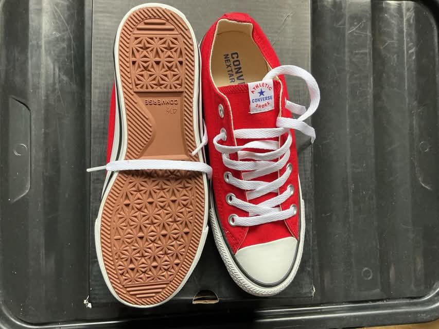 Converse Nextar Red Low Cut Sneakers Size 4.5 (Category: Sneakers) located in Quezon City. Submitted by gabrilloaaaaaaa (Listing ID 1468705134, Image 2). Description: - Brand: Converse Nextar - Style: Low-cut sneakers - Color: Bright red with white laces and toe caps - Size: 4.5 (marked on sole and tongue) - Condition: Brand new, never worn, pristine condition - Features: Clean white insoles with black branding and classic textured brown rubber o