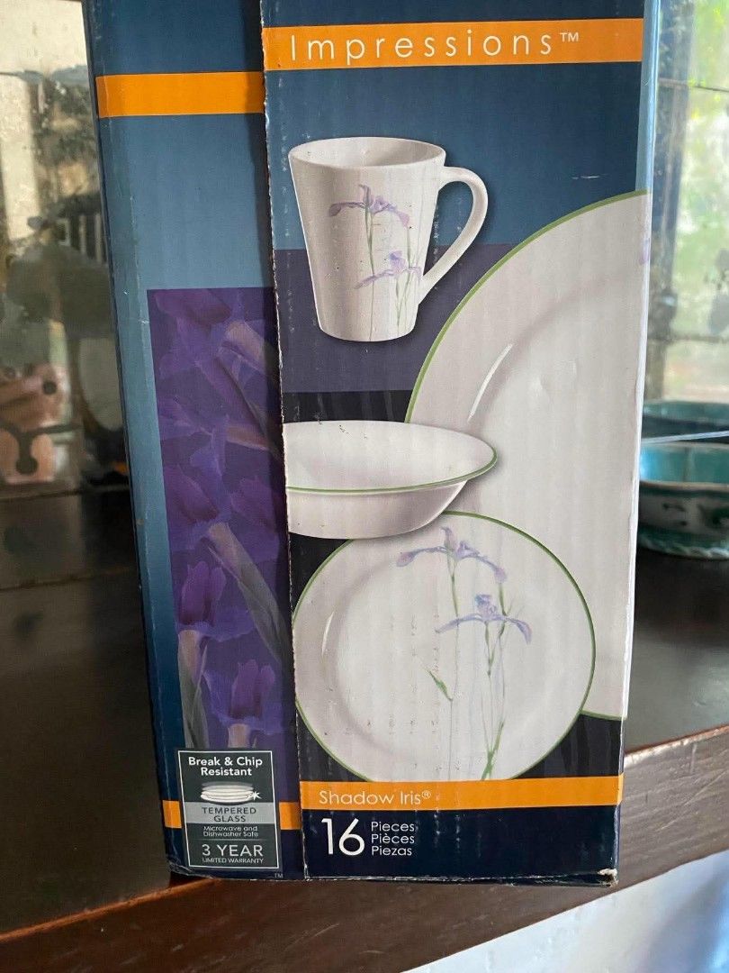 Corelle Impressions Shadow Iris 16-Piece Dinnerware Set (Category: Dinnerware & Cutlery) located in Marikina City. Submitted by darthvader888 (Listing ID 1468566693, Image 2). Description: - Authentic Corelle Impressions 16-piece set in Shadow Iris pattern - Crafted from durable, lightweight Vitrelle glass that is break and chip resistant - Microwave and dishwasher safe for everyday convenience - Includes 4 dinner plates, 4 salad plates, 4 soup/c