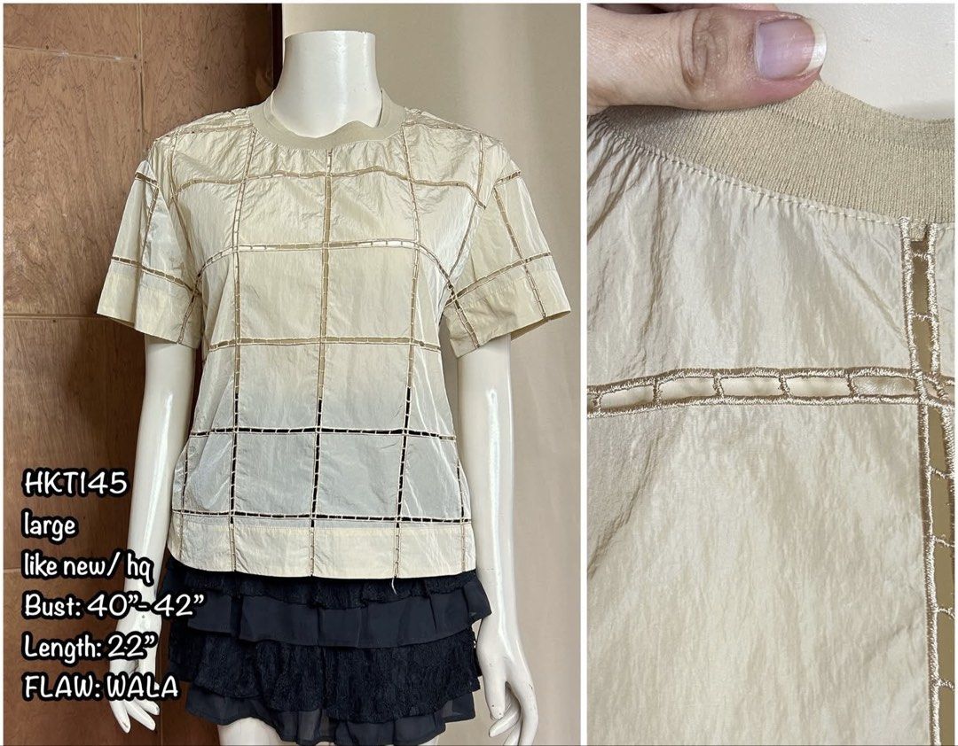 Cream Grid Pattern Short Sleeve Blouse Size Large (Category: Blouses) located in Mandaue City. Submitted by chuchi152615 (Listing ID 1468574738, Image 1). Description: - Color/Pattern: Cream with grid pattern and cutout embroidery lines - Style: Crew neck with ribbed trim, short sleeves - Size: Large - Measurements: Bust 40-42 inches, Length 22 inches - Condition: Excellent, no flaws found.