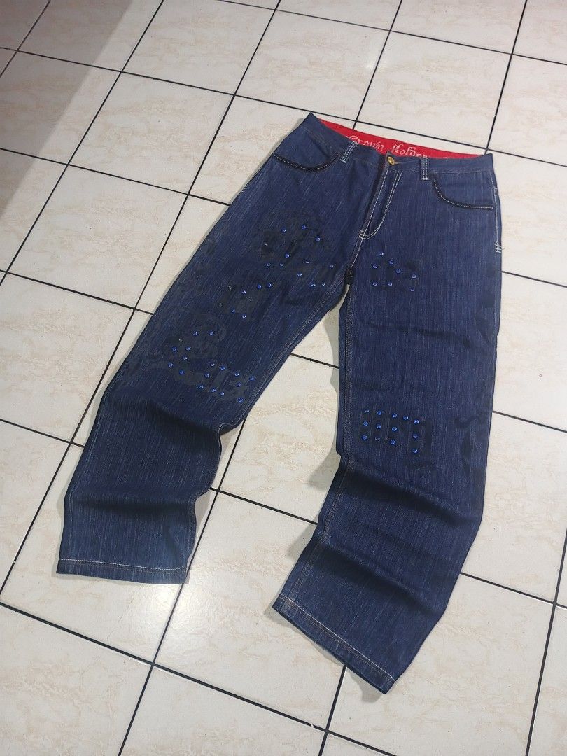 CROWN HOLDER PANTS (Category: Jeans) located in Taguig. Submitted by wst.fnds (Listing ID 1468687824, Image 1). Description: CROWN HOLDER GOOD CONDITION BAGGY / LOOSE ISSUE HEEL DRAG MISSING OTHER RHINESTONE CHECK ON PIC OTHER ISSUE W:34 / L:44.5 / T:13.5 / LO:9 💸: 899 Keywords: Southpole, Fubu, Karl kani, Rocawear, Evisu, Rmc, Ed Hardy, Sean John, Ecko Unltd, Coogi, Girbaud, Avirex, Ralph Lauren.