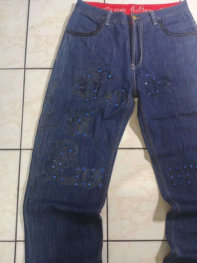 CROWN HOLDER PANTS (Category: Jeans) located in Taguig. Submitted by wst.fnds (Listing ID 1468687824, Image 3). Description: CROWN HOLDER GOOD CONDITION BAGGY / LOOSE ISSUE HEEL DRAG MISSING OTHER RHINESTONE CHECK ON PIC OTHER ISSUE W:34 / L:44.5 / T:13.5 / LO:9 💸: 899 Keywords: Southpole, Fubu, Karl kani, Rocawear, Evisu, Rmc, Ed Hardy, Sean John, Ecko Unltd, Coogi, Girbaud, Avirex, Ralph Lauren.