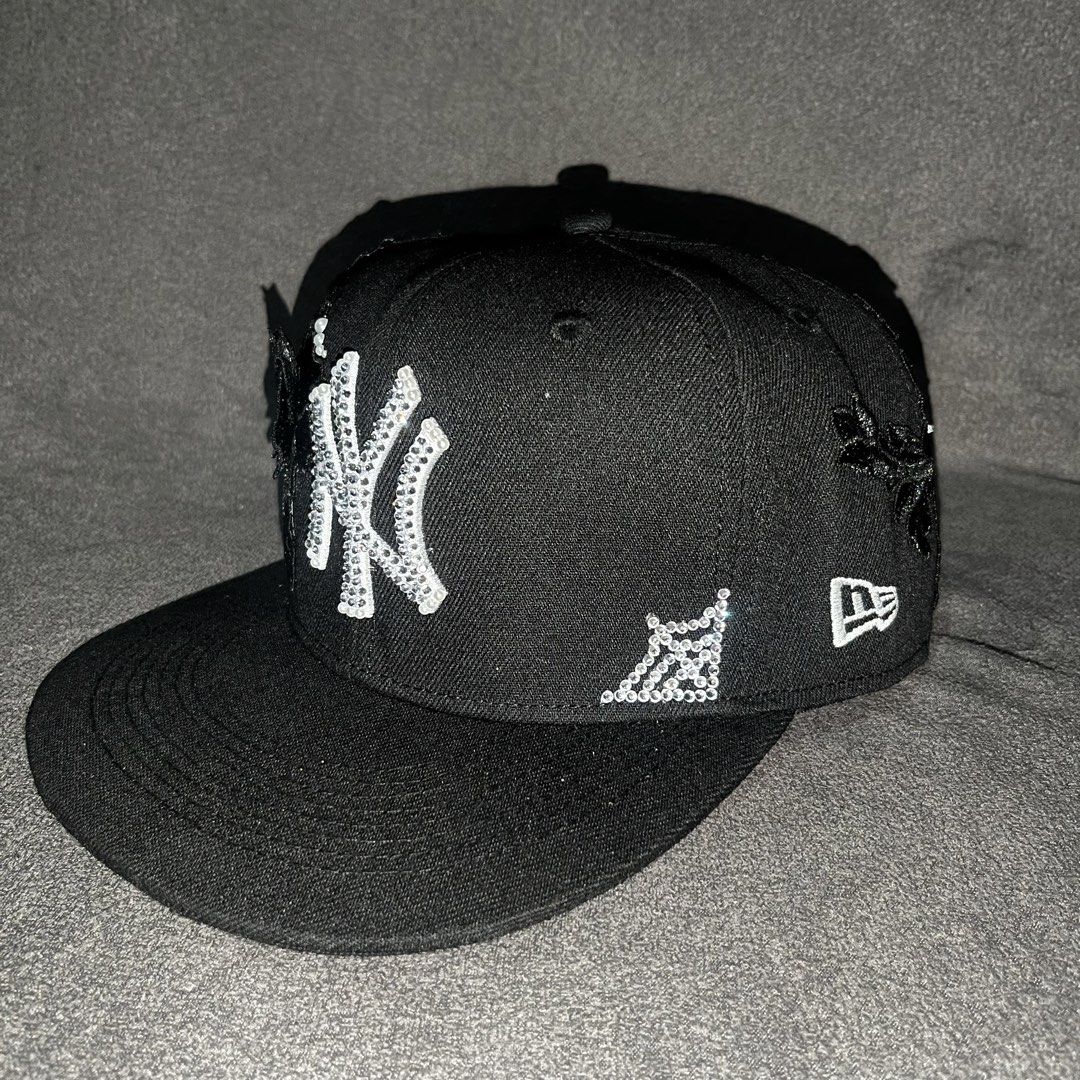 Customize Rhinestone Flower Cap NY (Category: Caps & Hats) located in Taguig. Submitted by bling.dpt (Listing ID 1468650030, Image 2). Description: Fitted structured brim sparkling rhinestones Detailing: Black floral lace applique on the side and back, accented with faux pearls and rhinestones Condition: Brand new, eye-catching custom design.