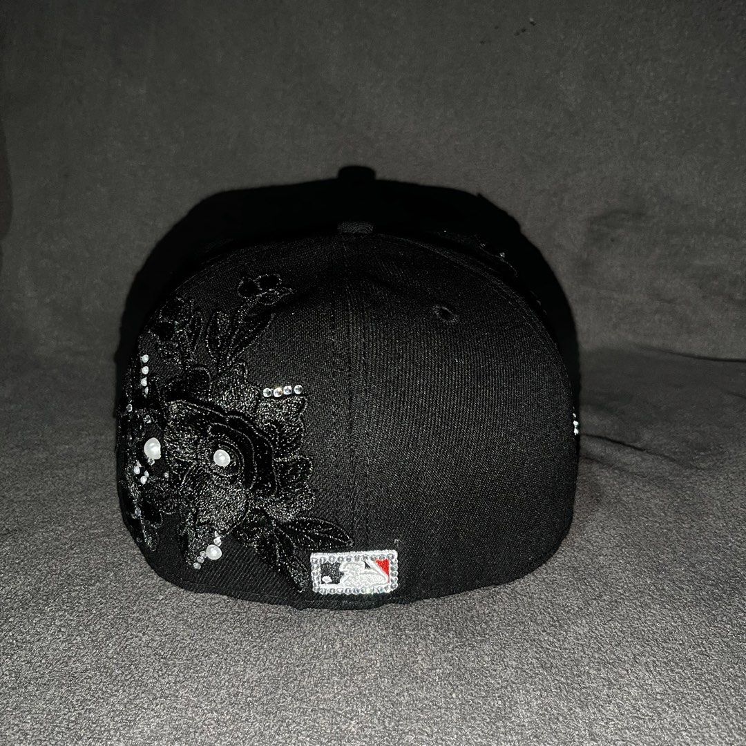 Customize Rhinestone Flower Cap NY (Category: Caps & Hats) located in Taguig. Submitted by bling.dpt (Listing ID 1468650030, Image 3). Description: Fitted structured brim sparkling rhinestones Detailing: Black floral lace applique on the side and back, accented with faux pearls and rhinestones Condition: Brand new, eye-catching custom design.