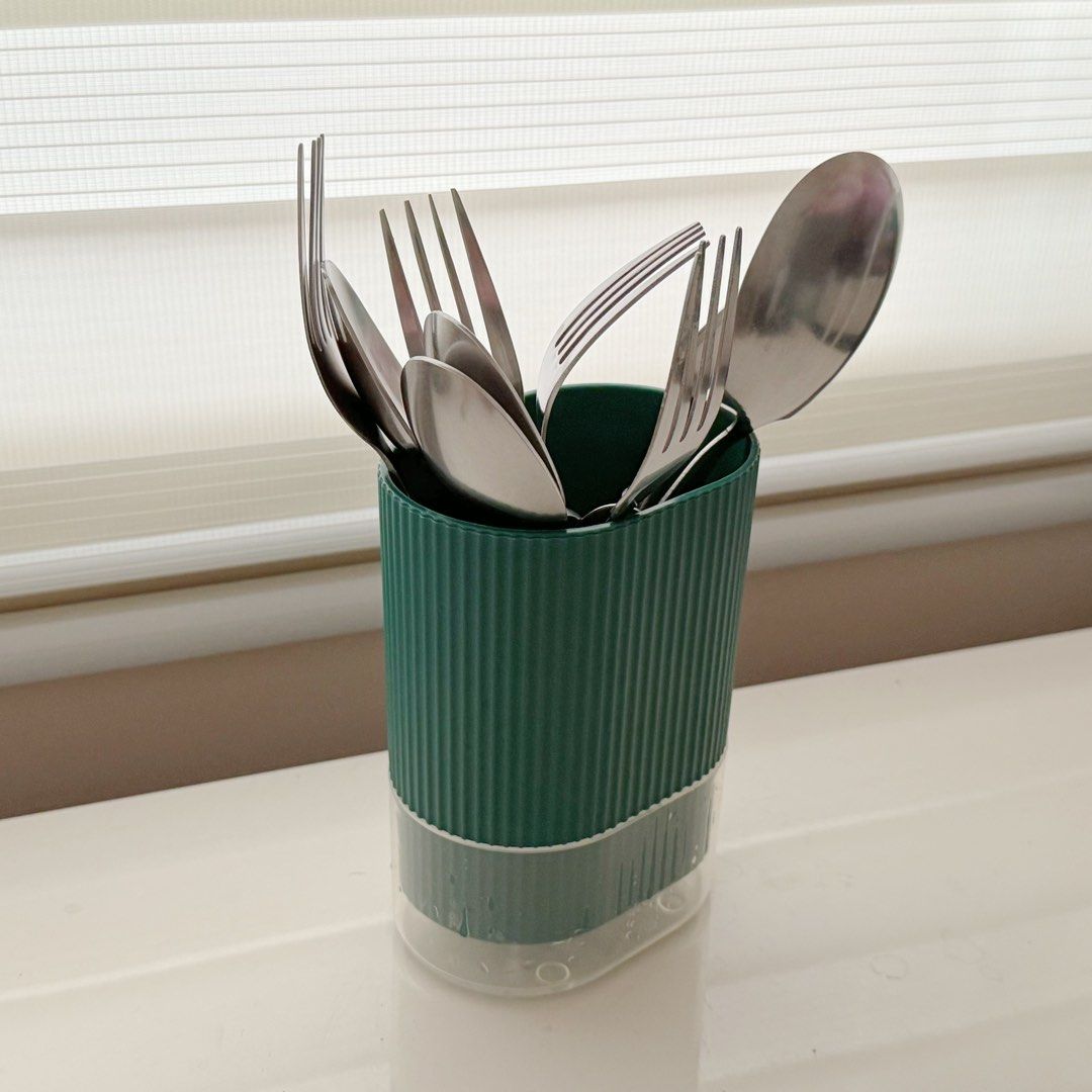 Cutlery Holder with Drain Drainer (Category: Food Organization & Storage) located in Marikina City. Submitted by lovegoeson (Listing ID 1468543255, Image 3). Description: - Color: Dark Green - Design: Stylish ribbed texture with a simple, clean look - Feature: Clear detachable base easily catches and removes water drips - Capacity: Holds plenty of forks, spoons, and kitchen utensils - Benefit: Keeps your countertops dry, organized, and clutter-fr