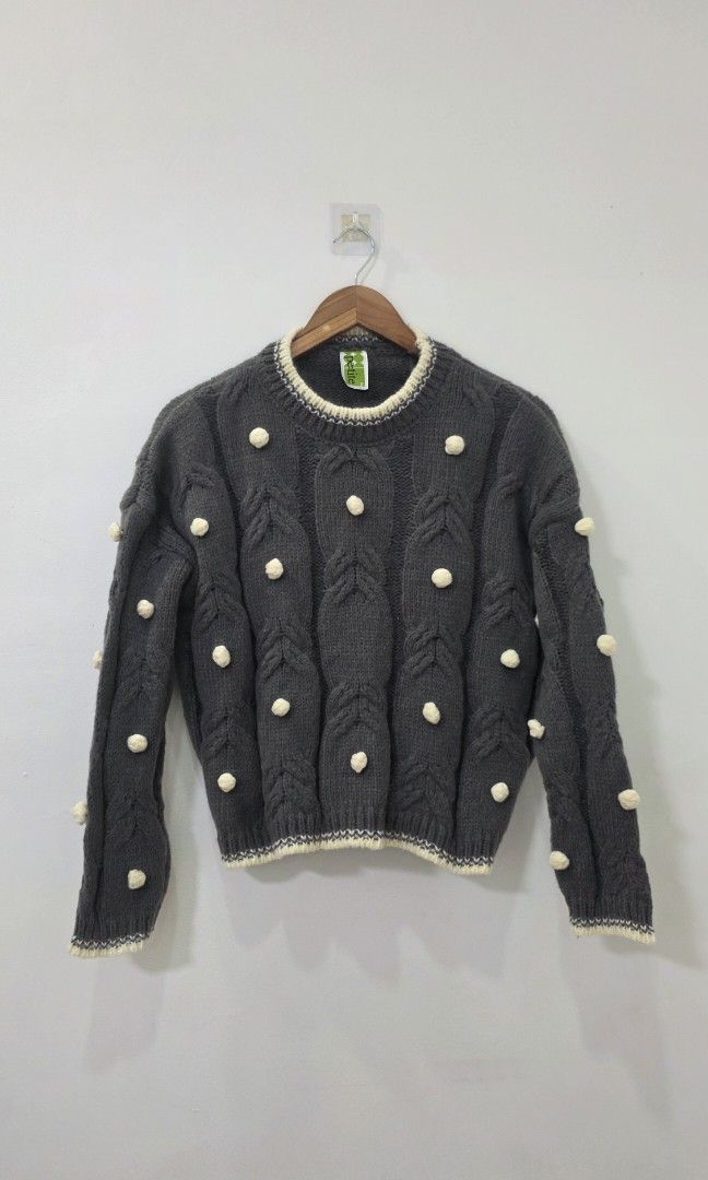 ​Dark Grey Cable Knit Sweater (Category: Coats, Jackets and Outerwear) located in Antipolo. Submitted by chimmychoo (Listing ID 1468654169, Image 1). Description: THRIFTED 🌼 SIZE: L-XL shoulders 24" width 23" length 19.5" no flaws.