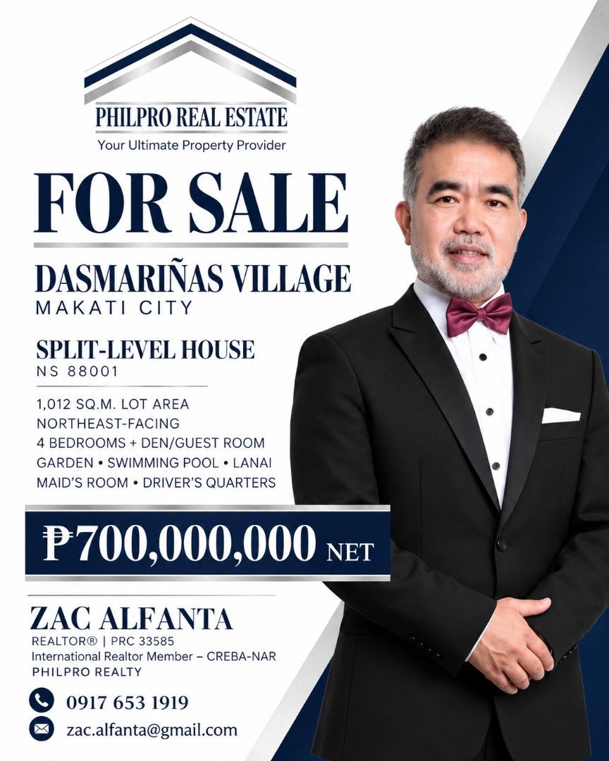 Dasmarinas Village Split Level House NS 88001 (Category: House & Lot) located in Manila. Submitted by zac_alfanta (Listing ID 1468502405, Image 1). Description: FOR SALE | DASMARIÑAS VILLAGE, MAKATI CITY NS 88001 | Split-Level House A spacious residence on a 1,012 sqm lot in one of Makati’s premier residential villages. Property Highlights 1,012 sqm Lot Area Northeast-Facing 4 Bedrooms, plus Den/Guest Room Living and Dining Areas Kitchen and Dirt