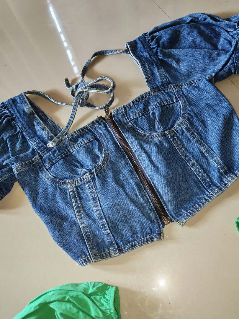 Denim & Green Puff Sleeve Crop Tops Bundle (Category: Shirts) located in Malolos. Submitted by krissalayne (Listing ID 1468582750, Image 2). Description: Small-Med Loc Malolos.