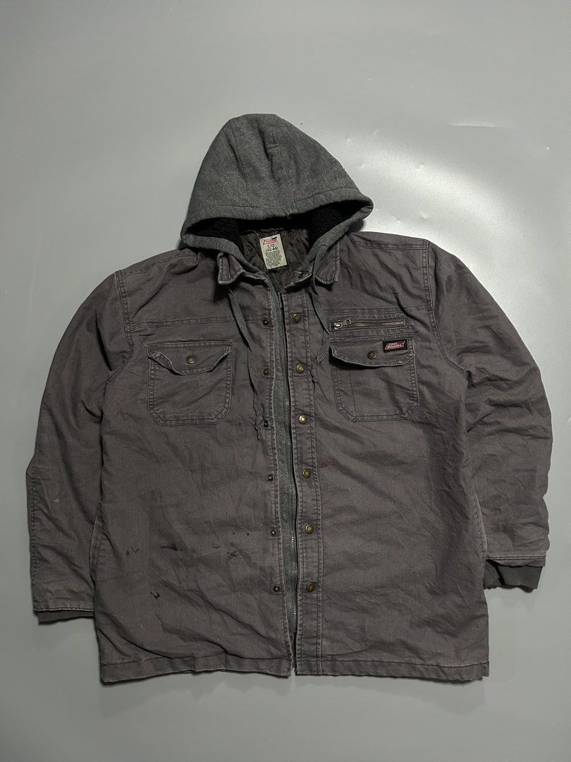 Dickies workwear jacket (authentic) (Category: Coats, Jackets and Outerwear) located in Trece Martires City. Submitted by flip_flips (Listing ID 1468528340, Image 1). Description: Dickies workwear jacket (authentic) -Dimes: 25 width 29 length -Good condition -9.3/10 color rate -issue: paints, distress on back part.