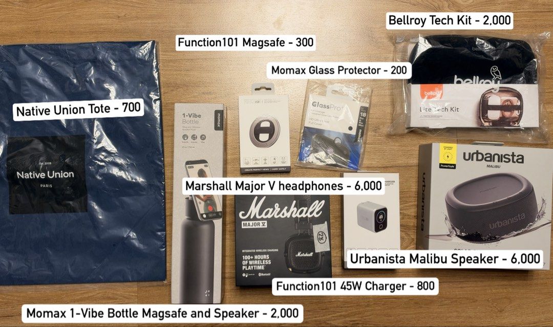 Digital Walker Pre-Order Bundle Tech Accessories Speaker Headphones (Category: Headphones & Headsets) located in Manila. Submitted by machupapi_mnl (Listing ID 1468516817, Image 1). Description: Selling my Digital Walker queue items from iPhone 18 Pro event! All unopened and Brand New. Native Union Tote - 700 Function101 Magsafe Loop - 300 Fuction101 45W Charger - 800 Momax Glass Protector - 200 Bellroy Tech Kit - 2000 Marshall Major V Headphones
