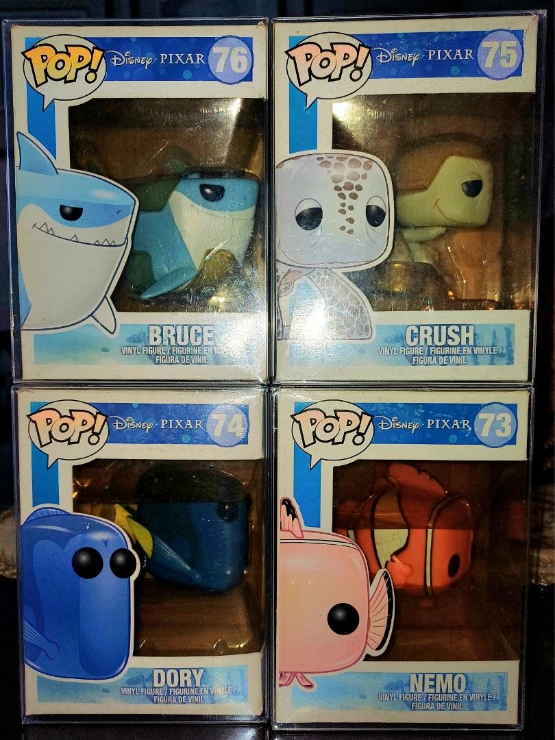 Disney Pixar Finding Nemo Funko Pop Set (Category: Designer & Blind Box Toys) located in Taguig. Submitted by naxinator (Listing ID 1468600451, Image 1). Description: - Complete set of 4 Disney Pixar Finding Nemo Funko Pop vinyl figures - NO BREAK SET - Includes Nemo (#73), Dory (#74), Crush (#75), and Bruce (#76) - All items stored safely inside protective plastic cases - Boxes have minor dust accumulation from storage - Perfect addition for mov