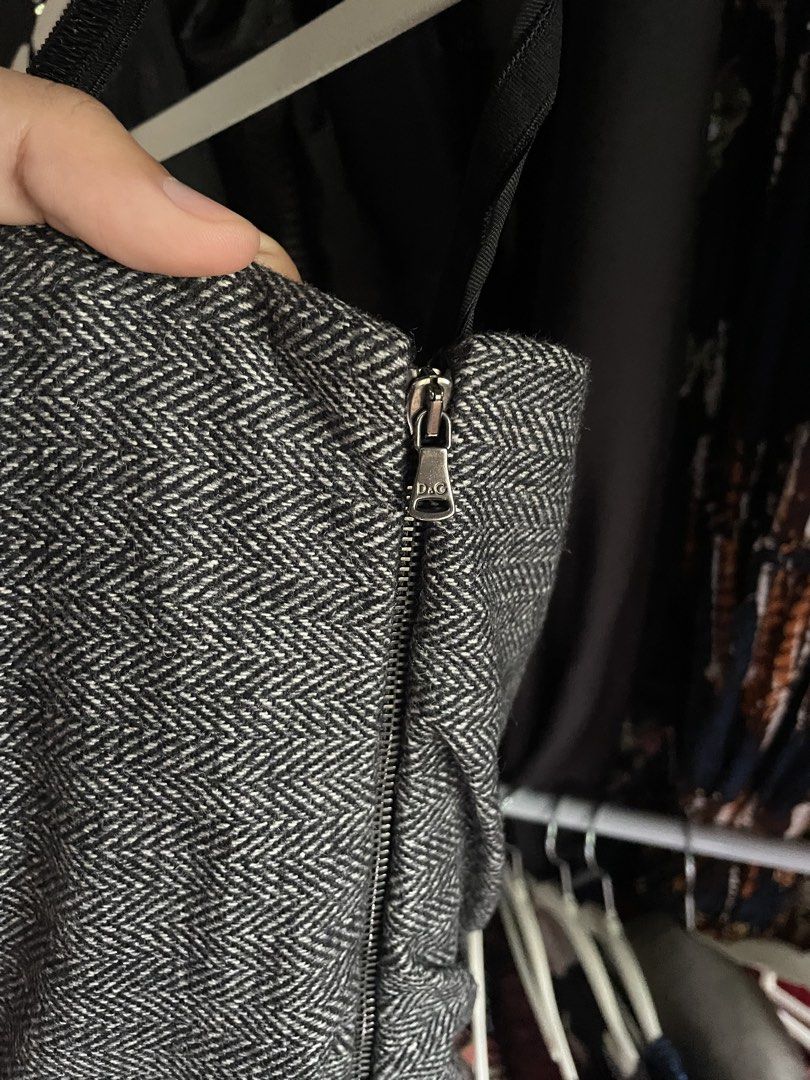 Dolce and Gabanna (Category: Luxury Apparel) located in Dumaguete. Submitted by jaymharr (Listing ID 1468512040, Image 3). Description: The selected region shows a gray and black herringbone-patterned strapless or tank-style ruched mini dress, resembling archival designs like the D&G by Dolce & Gabbana Wool Tweed Drapery Corset Strap Tank Top..