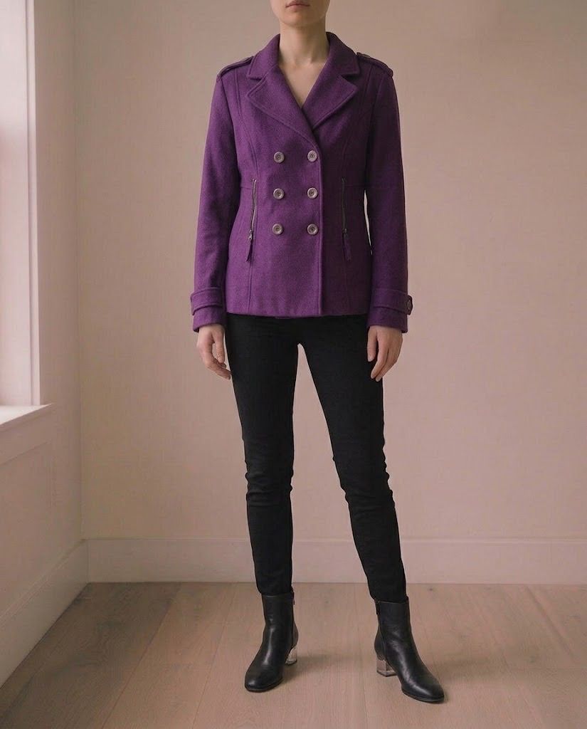 Dorothy Perkins purple double breasted coat jacket (Category: Coats, Jackets and Outerwear) located in Marikina City. Submitted by minimalistmanila (Listing ID 1468653920, Image 1). Description: New Dorothy Perkins eggplant violet peacoat jacket. UK 10 size, 18 inch bust, 28 inch length. Wool and polyester fabric with lining. Bought in UK. Order now!.