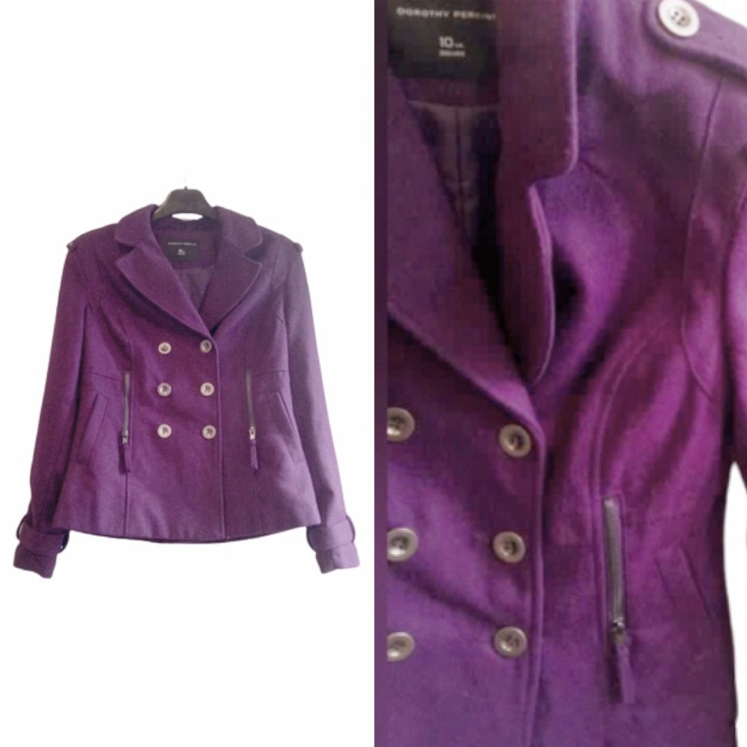 Dorothy Perkins purple double breasted coat jacket (Category: Coats, Jackets and Outerwear) located in Marikina City. Submitted by minimalistmanila (Listing ID 1468653920, Image 2). Description: New Dorothy Perkins eggplant violet peacoat jacket. UK 10 size, 18 inch bust, 28 inch length. Wool and polyester fabric with lining. Bought in UK. Order now!.