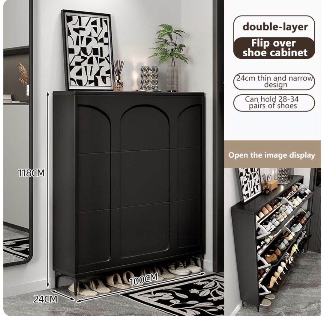 Double Layer Flip Over Shoe Cabinet Black 100cm (Category: Shelves, Cabinets & Racks) located in Taguig. Submitted by kcmple (Listing ID 1468505884, Image 1). Description: Notes: - ut doesnt have a full backwall cover at the back (not viaible against the wall) instead there are just wood panels to support the structure - one of the legs is slightly loose So im selling really cheap! RFS: moving out soon .