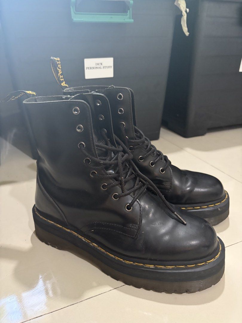 Dr. Martens Jadon Boots (Category: Boots) located in Quezon City. Submitted by pandesauuur (Listing ID 1468566181, Image 2). Description: - Authentic Dr. Martens Jadon platform boots in classic black smooth leather - Features iconic yellow welt stitching and heel loop pull tabs - Convenient inner side zipper for easy wear - Size: UK 9 / US Men 10 / US Women 11 / 43 EU - Condition: Some peeling on the zipper of both sides, creasing on the toe area