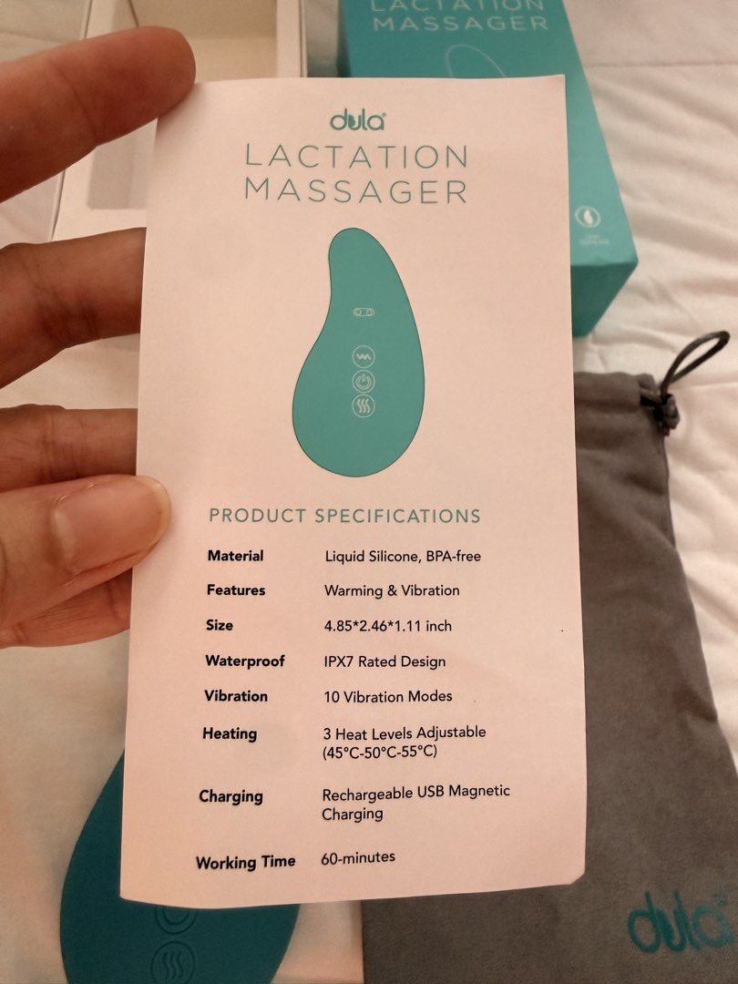 Dula Lactation Massager with Warming and Vibration (Category: Breastfeeding & Bottle Feeding) located in Antipolo. Submitted by mrgvictoria (Listing ID 1468560882, Image 3). Description: - Item: Dula Lactation Massager - Color: Teal Blue - Features: 10 vibration modes and 3 heat levels (45°C - 55°C) to relieve clogged ducts and aid nursing - Material: Safe, BPA-free liquid silicone - Waterproof: IPX7 waterproof rating for easy cleaning - Inclusio