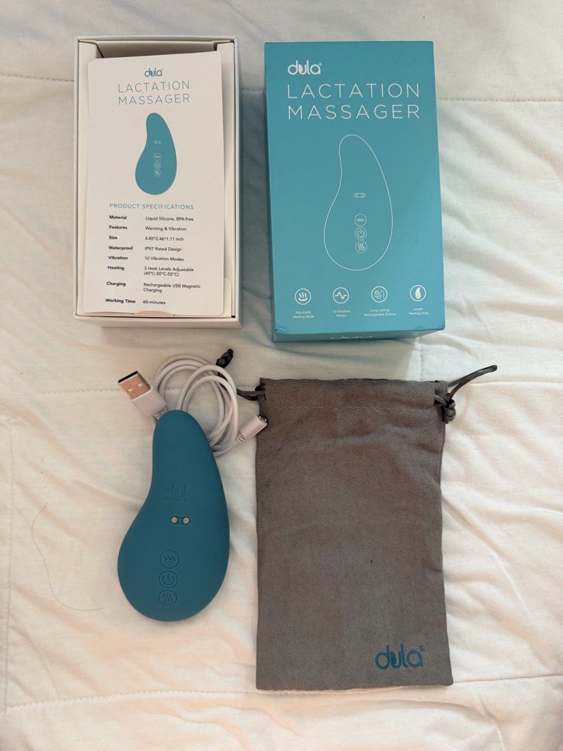 Dula Lactation Massager with Warming and Vibration (Category: Breastfeeding & Bottle Feeding) located in Antipolo. Submitted by mrgvictoria (Listing ID 1468560882, Image 1). Description: - Item: Dula Lactation Massager - Color: Teal Blue - Features: 10 vibration modes and 3 heat levels (45°C - 55°C) to relieve clogged ducts and aid nursing - Material: Safe, BPA-free liquid silicone - Waterproof: IPX7 waterproof rating for easy cleaning - Inclusio