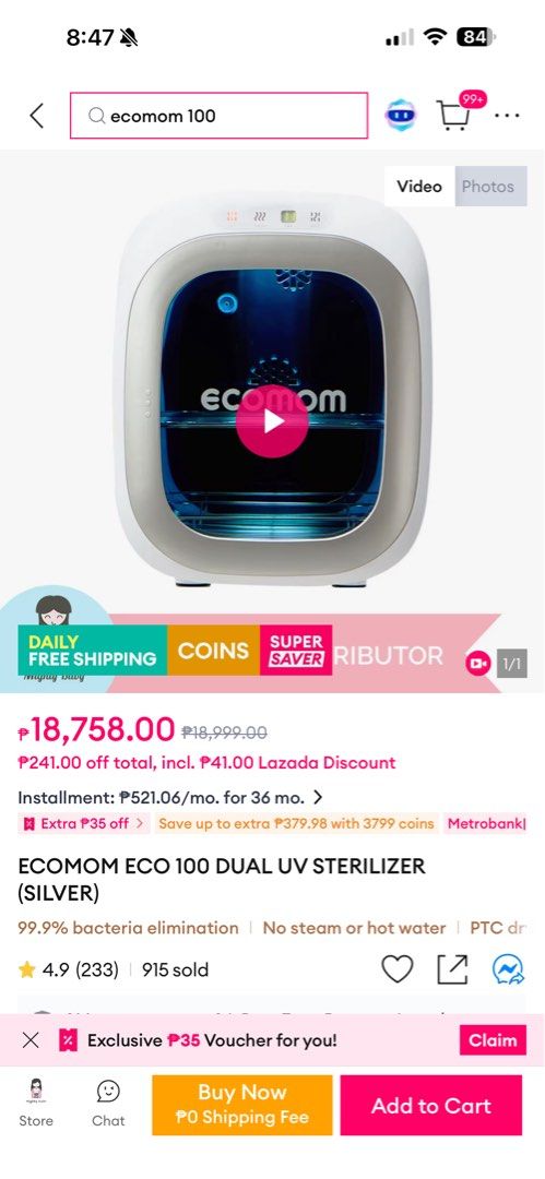 Ecomom Eco 100 Dual UV Sterilizer (Category: Breastfeeding & Bottle Feeding) located in Manila. Submitted by naturemomph2020 (Listing ID 1468573265, Image 3). Description: - Brand: Ecomom Eco 100 Dual UV Sterilizer - Color: Silver and White - Condition: Excellent / Well-maintained - Made in Korea & FDA registered medical device - Multi-purpose: Sterilizer, dryer, and deodorizer (99.9% bacteria elimination) - Safe for baby bottles, toys, and gadge