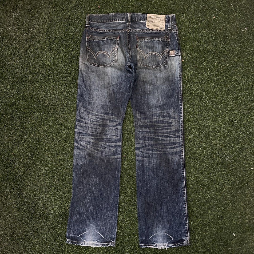 Edwin Blue Trip 503 Distressed Denim Jeans (Category: Jeans) located in Pasig City. Submitted by icie_finds (Listing ID 1468621778, Image 1). Description: Edwin Blue Trip 503 Distressed Denim Jeans SIZE: Tagged 32x32 (Fits 36 Waist) DIMES: Waist: 36 inches Length: 41.5 inches Leg Opening: 8.5 inches Style: Vintage Japanese distressed straight-leg denim jeans with custom back zip-pockets, contrast red accent zipper tape, and classic wash detailing