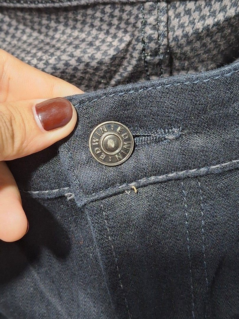 EDWIN Wildfire 403 Black Denim Jeans Size 35 (Category: Jeans) located in Angeles City. Submitted by livemountain.e2ae07 (Listing ID 1468560654, Image 3). Description: - Brand: EDWIN Wildfire - Model: 403 - Size: 35 waist - W17.4 L39.3 HEM 8 - Color: Dark wash black denim - Interior: Houndstooth thermal lining for extra warmth in cold weather - Origin: Made in Japan - Details: Button closure with branded hardware, leather patch at back waistband 