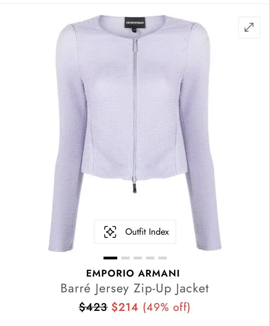 Emporio Armani (Category: Coats, Jackets and Outerwear) located in Manila. Submitted by love.lyxph (Listing ID 1468572511, Image 1). Description: Emporio Armani barré jersey zip-up jacket • lilac • jersey knit • round neck • long sleeves • front zip fastening • straight hem • cropped.