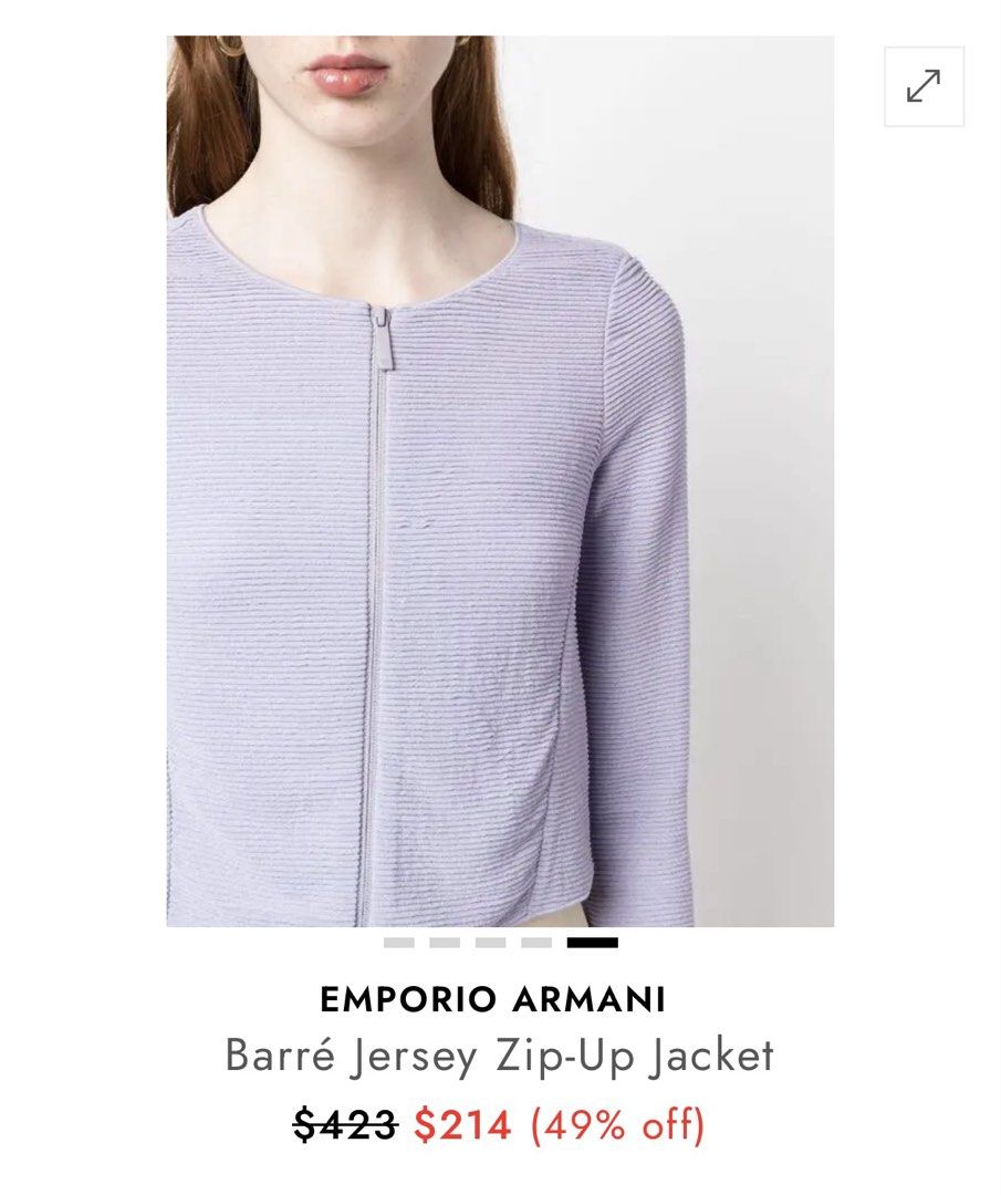 Emporio Armani (Category: Coats, Jackets and Outerwear) located in Manila. Submitted by love.lyxph (Listing ID 1468572511, Image 3). Description: Emporio Armani barré jersey zip-up jacket • lilac • jersey knit • round neck • long sleeves • front zip fastening • straight hem • cropped.