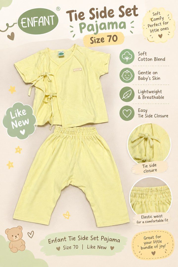 Enfant Tie Side Set Pajama Size 70 (Category: Babies & Kids Fashion) located in Quezon City. Submitted by charismafrance (Listing ID 1468649926, Image 1). Description: - Brand: Enfant - Size: 70 - Color: Soft yellow - Material: Gentle, breathable cotton blend - Design: Short-sleeve tie-side top and matching pants with stretchy elastic waistband - Condition: Great for sensitive baby skin, perfect for sleep and naps.