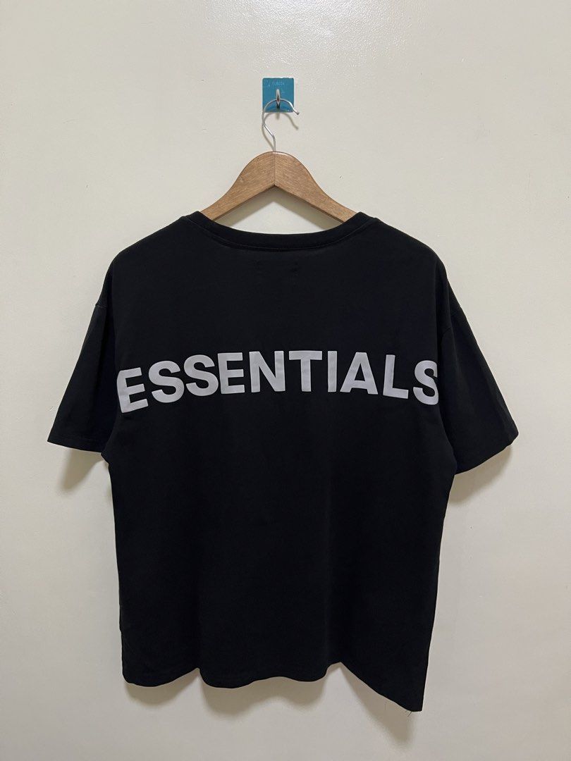 Essentials Black Reflectorized Print Shirt (Category: Tshirts & Polo Shirts ) located in Manila. Submitted by thriftpoint99 (Listing ID 1468643556, Image 1). Description: 22.5x25.5 Issue fade print sa letter “s” sa front design Excellent condition.