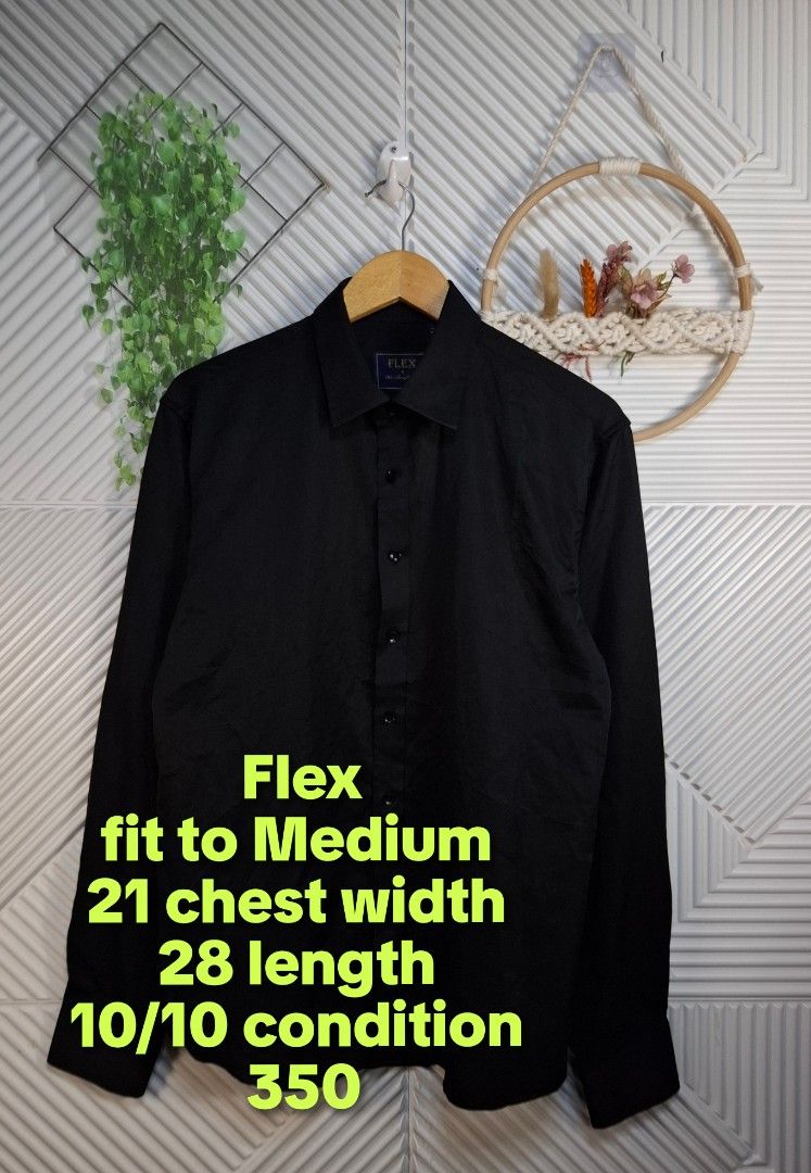 Flex Black Long Sleeve Button Down Shirt Medium (Category: Sets & Coordinates) located in Bulacan. Submitted by cathycampo51092 (Listing ID 1468619313, Image 2). Description: - Brand/Style: Flex black long sleeve shirt - Color: Solid black with matching dark buttons - Collar: Standard button-down - Size: Medium (21 inches chest width, 28 inches length) - Versatility: Great staple piece for casual wear or smart casual outfits.