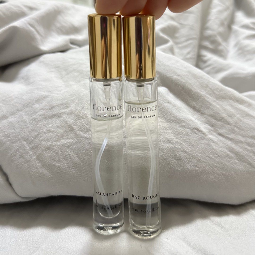 Florence 2 pcs 10ml Perfume (Category: Fragrance & Deodorants) located in Quezon City. Submitted by thrifthings (Listing ID 1468624239, Image 1). Description: - Set of 2 Florence eau de parfum travel spray bottles (10ml each) - Scents included: Valahyah-Vi and Bac Rouge - Condition: Nearly full, clear glass with clean labels and gold metallic caps - Ideal for trying out both fragrances or for convenient on-the-go touch-ups - Smoke-free, pet-free 
