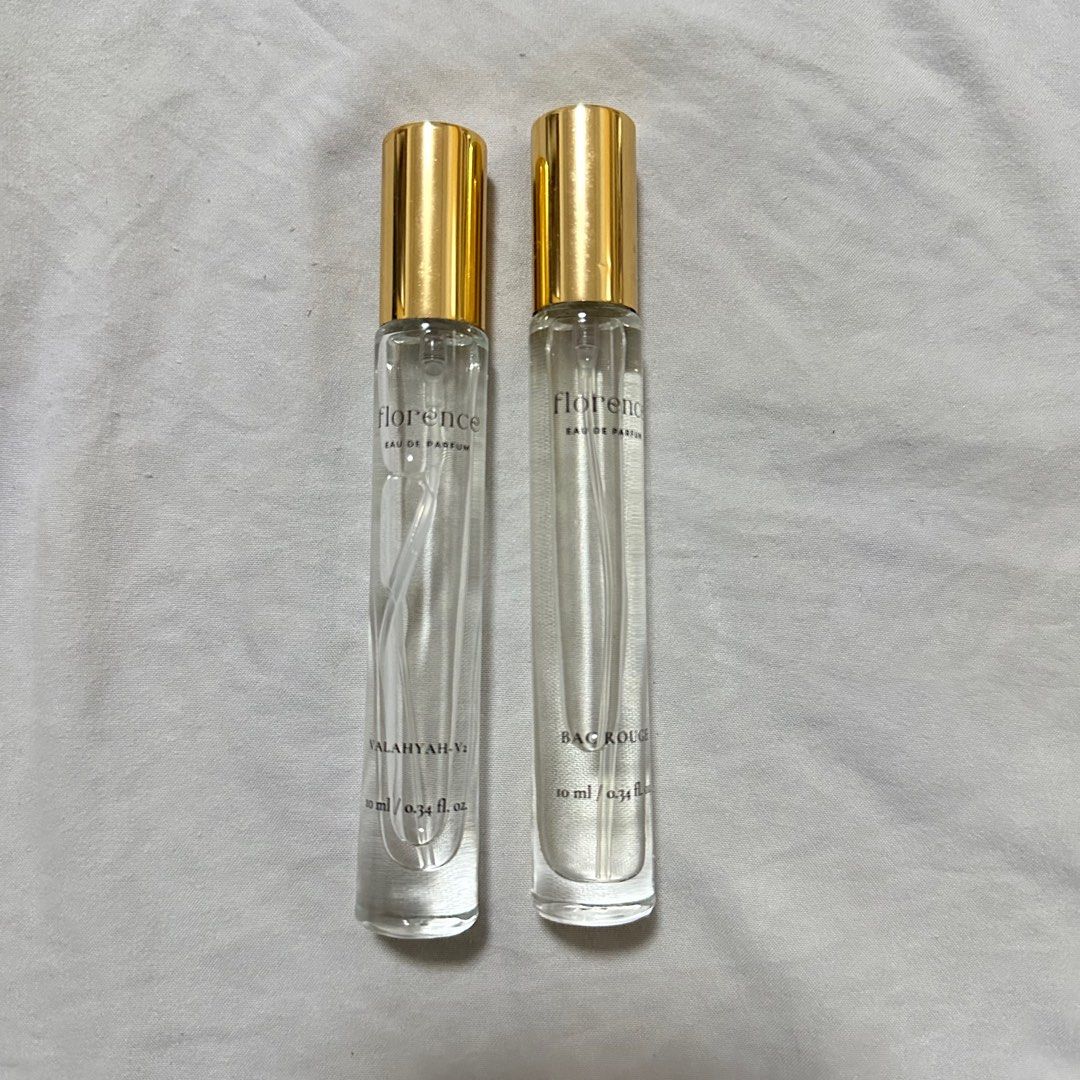 Florence 2 pcs 10ml Perfume (Category: Fragrance & Deodorants) located in Quezon City. Submitted by thrifthings (Listing ID 1468624239, Image 2). Description: - Set of 2 Florence eau de parfum travel spray bottles (10ml each) - Scents included: Valahyah-Vi and Bac Rouge - Condition: Nearly full, clear glass with clean labels and gold metallic caps - Ideal for trying out both fragrances or for convenient on-the-go touch-ups - Smoke-free, pet-free 
