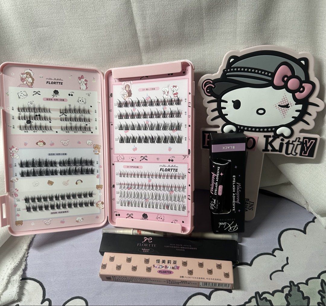 Florette eye makeup set 6 items (Category: Makeup) located in Manila. Submitted by honeyglow (Listing ID 1468584280, Image 1). Description: 1 false lashes set 1 brow pen dual ended 02 chestnut 1 slim brow pencil p2 grey brown 1 aegyosal pen G01 1 eyelash adhesive 1 hello kitty mirror.