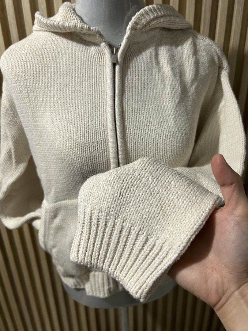 For The Republic Knit Zip Hoodie (Category: Coats, Jackets and Outerwear) located in Quezon City. Submitted by yourchingu16 (Listing ID 1468697210, Image 2). Description: - Brand: For The Republic - Style: Knitted zip hoodie - Color: Cream - Size: Medium (M) - Material: 60% cotton, 40% acrylic - Features: Front zip closure, attached hood, front pockets, ribbed cuffs and hem.