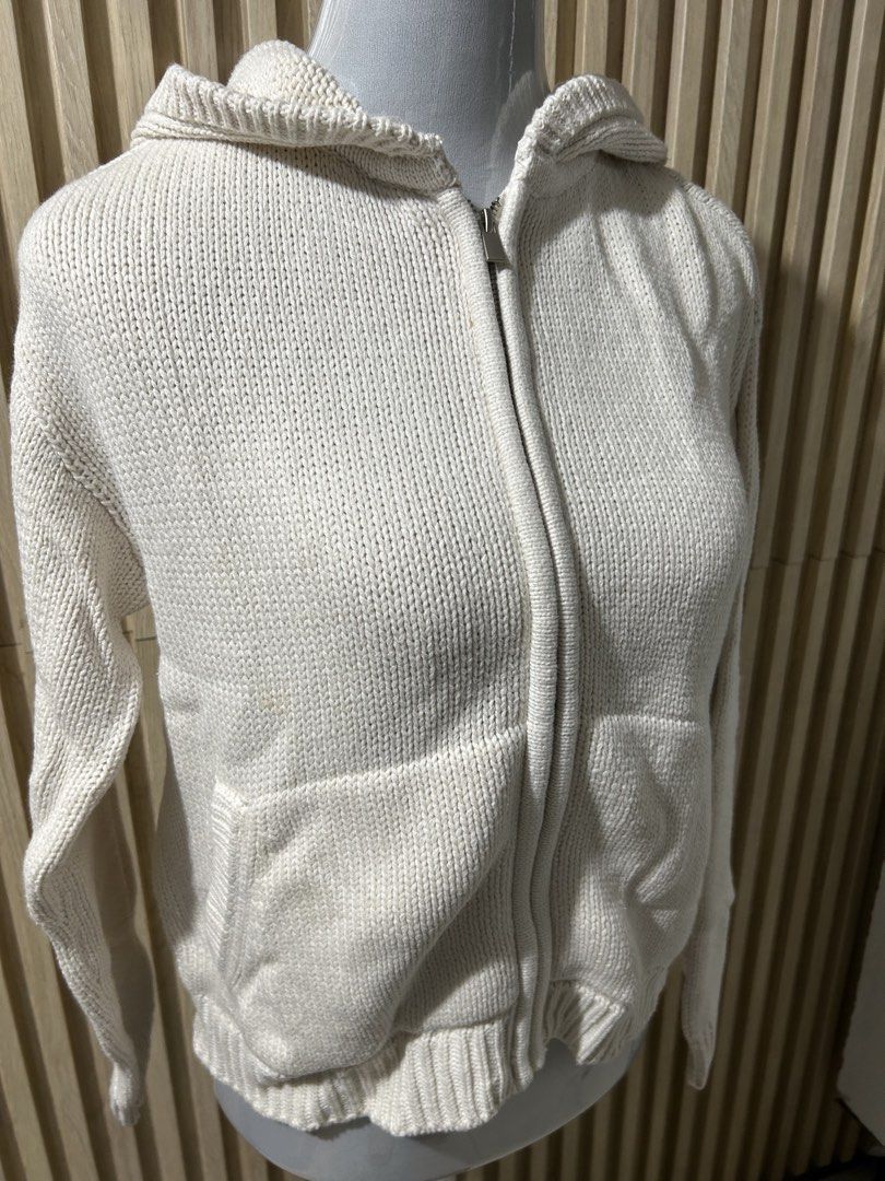 For The Republic Knit Zip Hoodie (Category: Coats, Jackets and Outerwear) located in Quezon City. Submitted by yourchingu16 (Listing ID 1468697210, Image 3). Description: - Brand: For The Republic - Style: Knitted zip hoodie - Color: Cream - Size: Medium (M) - Material: 60% cotton, 40% acrylic - Features: Front zip closure, attached hood, front pockets, ribbed cuffs and hem.