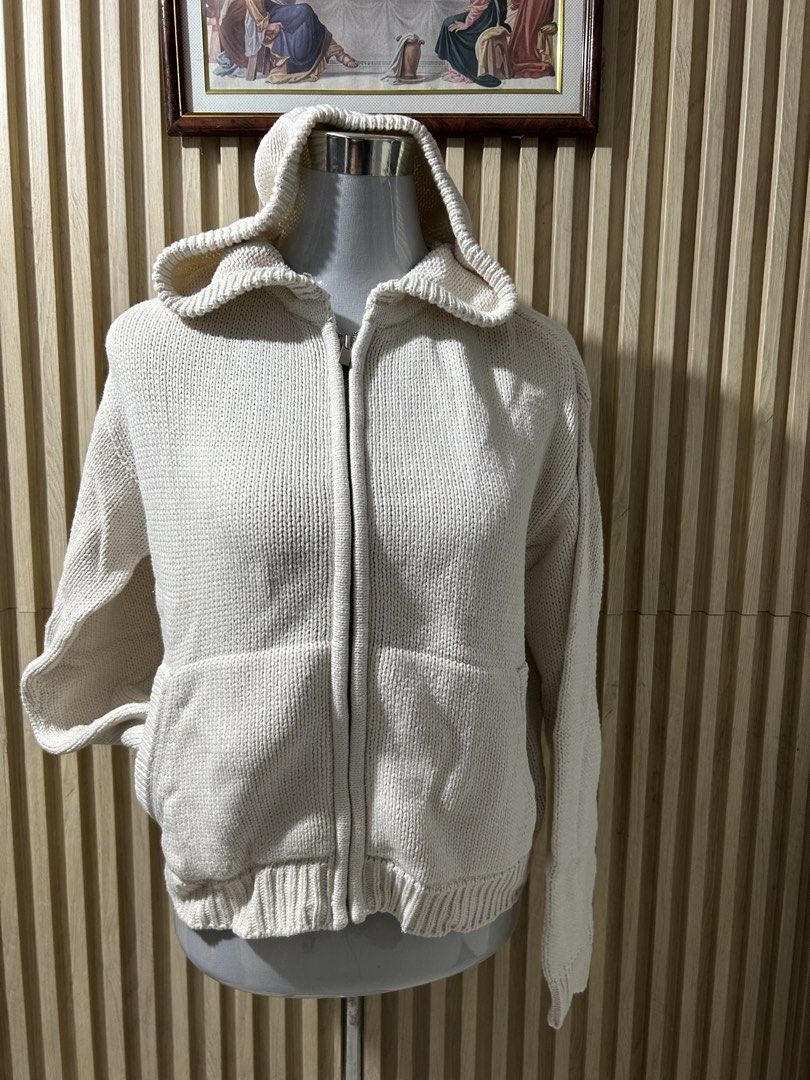 For The Republic Knit Zip Hoodie (Category: Coats, Jackets and Outerwear) located in Quezon City. Submitted by yourchingu16 (Listing ID 1468697210, Image 1). Description: - Brand: For The Republic - Style: Knitted zip hoodie - Color: Cream - Size: Medium (M) - Material: 60% cotton, 40% acrylic - Features: Front zip closure, attached hood, front pockets, ribbed cuffs and hem.