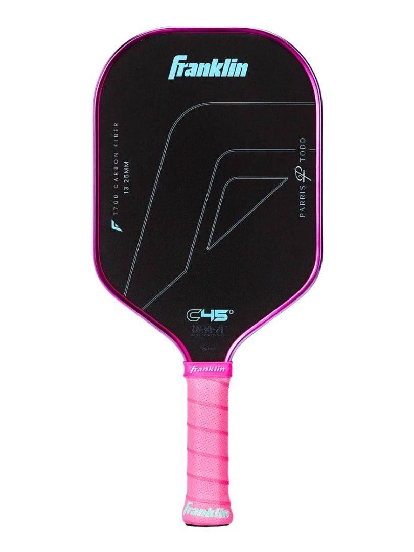 Franklin C45 Parris Todd (Category: Racket and Ball Sports) located in Manila. Submitted by naomithings (Listing ID 1468652469, Image 2). Description: • Dimensions & Shape: 16.3” long by 7.5” wide with an elongated shape. • Handle: 5.7” handle length with a ~4.15” to 4.25” grip circumference. • Core & Thickness: 13.25mm PowerFlex polymer core with an inner foam layer. • Face Material: T700 raw carbon fiber surface applied at a 45-degree peel-ply 