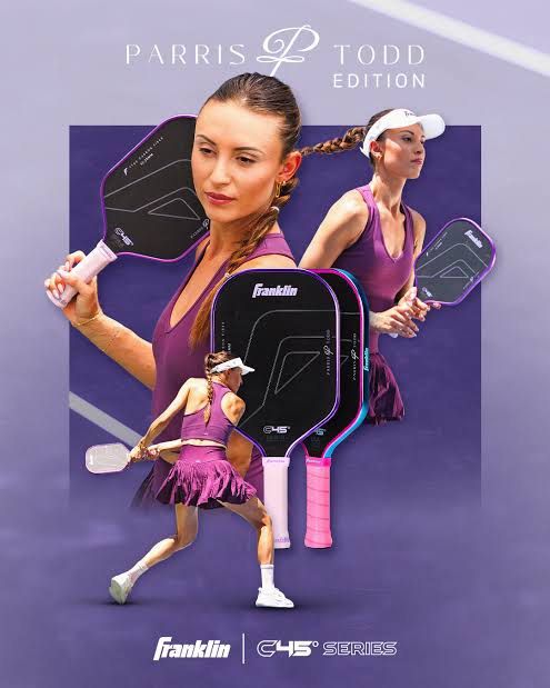 Franklin C45 Parris Todd (Category: Racket and Ball Sports) located in Manila. Submitted by naomithings (Listing ID 1468652469, Image 1). Description: • Dimensions & Shape: 16.3” long by 7.5” wide with an elongated shape. • Handle: 5.7” handle length with a ~4.15” to 4.25” grip circumference. • Core & Thickness: 13.25mm PowerFlex polymer core with an inner foam layer. • Face Material: T700 raw carbon fiber surface applied at a 45-degree peel-ply 