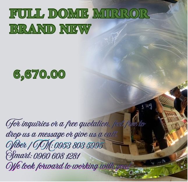 Full Dome Mirror brand new (Category: Everything Else Others) located in Caloocan City. Submitted by michealaus73574 (Listing ID 1468545396, Image 1). Description: 1.suitable for convenient shop ,big supermarket, the turning of the road factory , parking lot and anymore corner where need anti-thief. 2.not easy to consume ,anti - ultraviolet radiation, can use for a long time . 3.firm , long time using and anti - crash. 4.weiqht to the mirror is l
