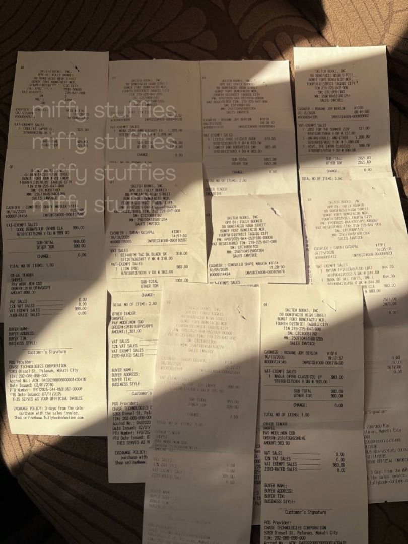 Fully Booked receipts, all dated 2026 (Category: Storybooks) located in Baguio. Submitted by miffystuffies (Listing ID 1468502606, Image 2). Description: 𐙚₊˚♡ wts lfb Fully Booked receipts, all dated 2026 - ₱450 To claim a Fully Booked Discount Card! 🎀 info: • accumulated purchase amount: ₱15,454.00 • already own a discount card, so i no longer need these receipts • can send individual photos upon request • no cancellation of order • direct J&T