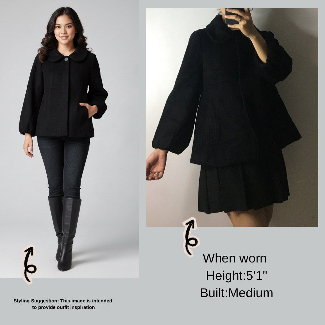 G2000 Pink Deluxe Line Black Wool Blend Coat / Jacket - Size M (Category: Coats, Jackets and Outerwear) located in Baguio. Submitted by lctrendz (Listing ID 1468664337, Image 2). Description: Color: Black Size: Medium Condition: Pre-loved / Excellent condition Measurements Bust: 19 inches Length: 24 inches Product Description Wool blend jacket. Rounded Peter Pan collar, single-breasted button closures, side pockets, and soft, non-itchy feel. Full