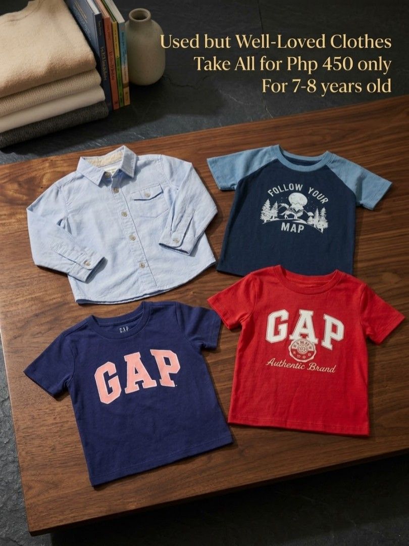 GAP shirts and button down bundle for 7-8 years old (Category: Babies & Kids Fashion) located in Pasig City. Submitted by exodusmomma (Listing ID 1468629946, Image 1). Description: - Bundle of 4 stylish tops for boys aged 7-8 years old - GAP logo shirts in classic navy blue and red - 1 Blue graphic tee featuring a cool map design - 1 Light blue long-sleeve button-down shirt for smart-casual wear - All 4 pieces included for one great bundle price 