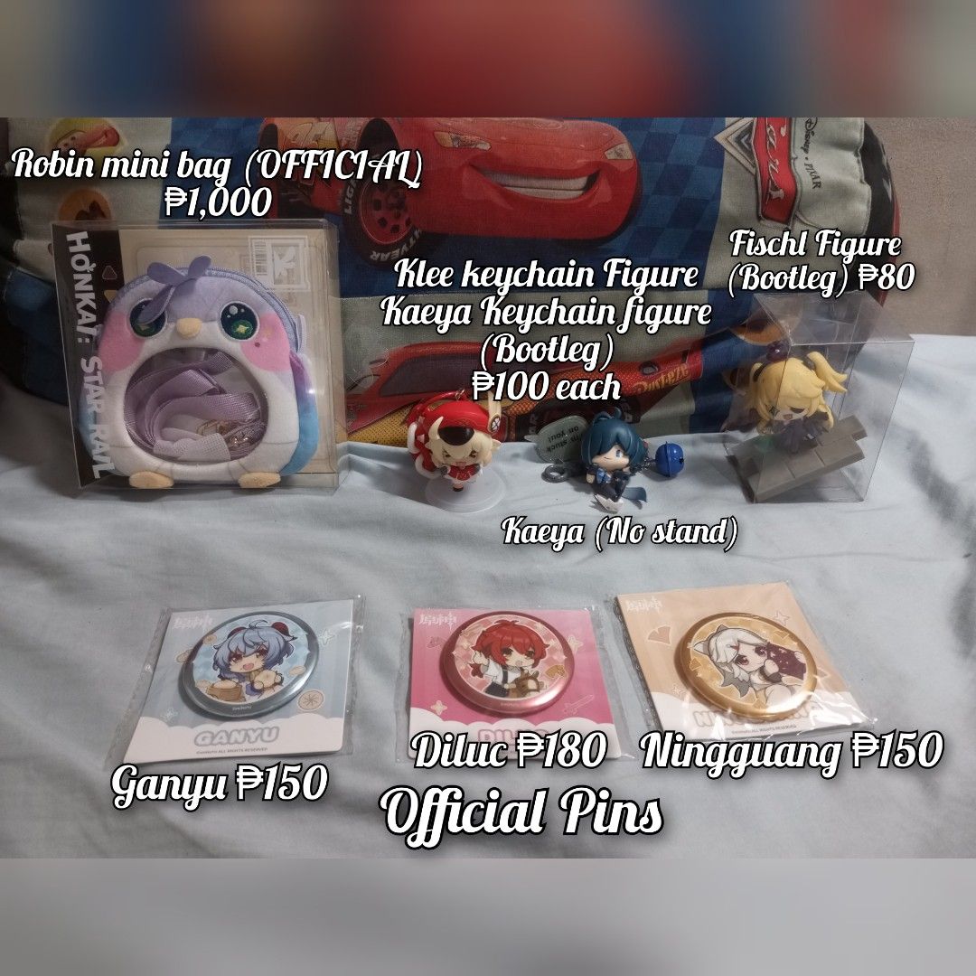 Genshin Impact merch (Robin, Klee, Kaeya, Fischl, Ganyu, Diluc, Ningguang) (Category: Character Goods) located in Las Pinas. Submitted by rosedylan (Listing ID 1462407314, Image 1). Description: WTS LFB Genshin impact Preloved please manage your expectations!! Buyer will shoulder the Shipping fee! price range: ₱80 - 1,000 (prices are indicated in the photos) Fischl Figure (Bootleg) ₱80 Kaeya Figure keychain (Bootleg,no stand) ₱100 Klee Figure key